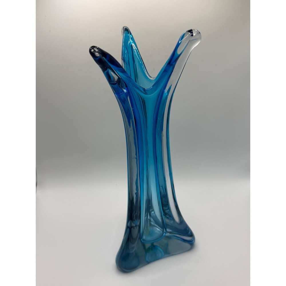 Vintage Blue Sommerso Art Glass Pulled Swung 3 Prong Vase Mid Century Modern 12"